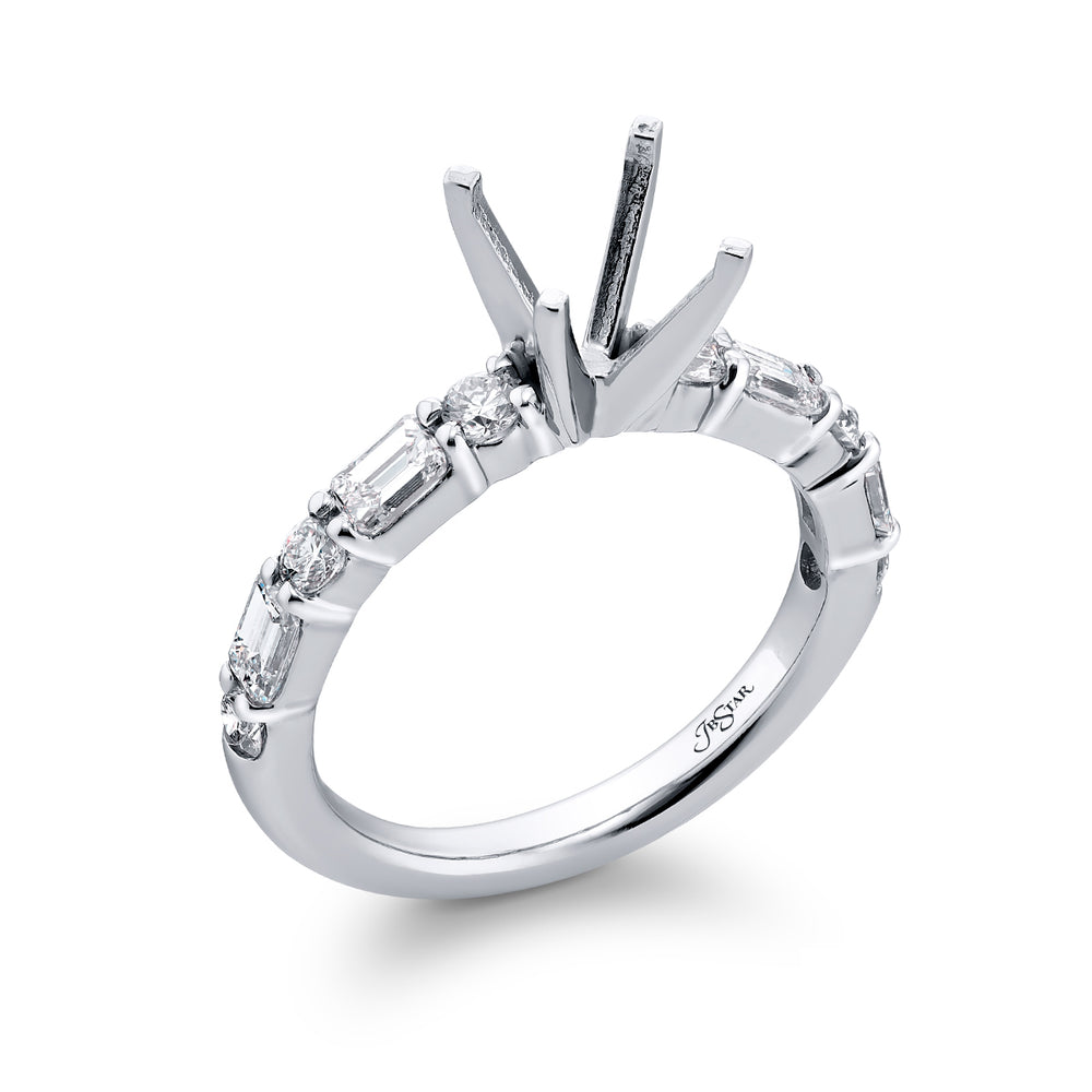 Dazzling Brilliance: Our timeless East-West Diamond Semi-mount. These four beautiful emerald-cut diamonds and six dazzling round diamonds are handcrafted in pure platinum.