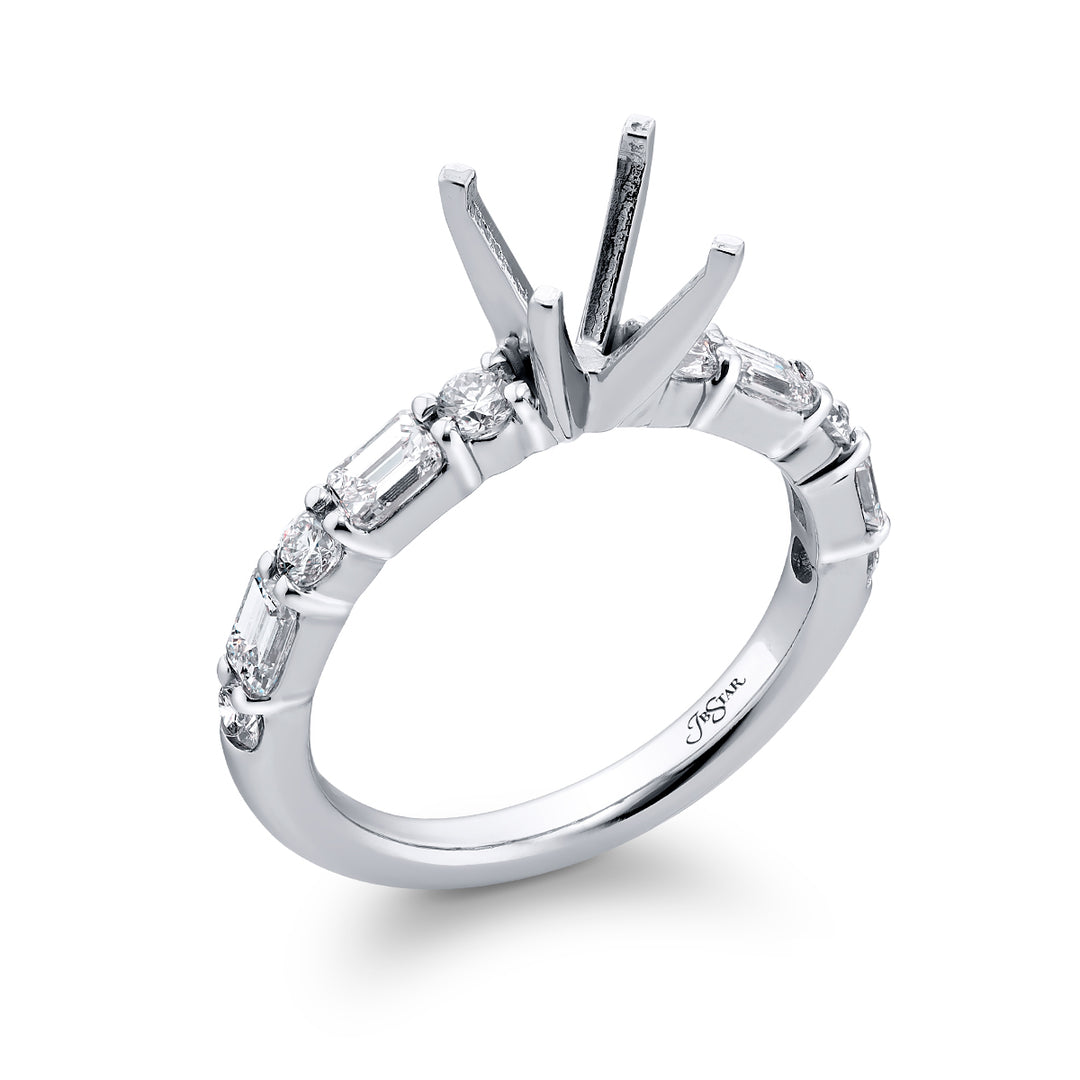 Dazzling Brilliance: Our timeless East-West Diamond Semi-mount. These four beautiful emerald-cut diamonds and six dazzling round diamonds are handcrafted in pure platinum.