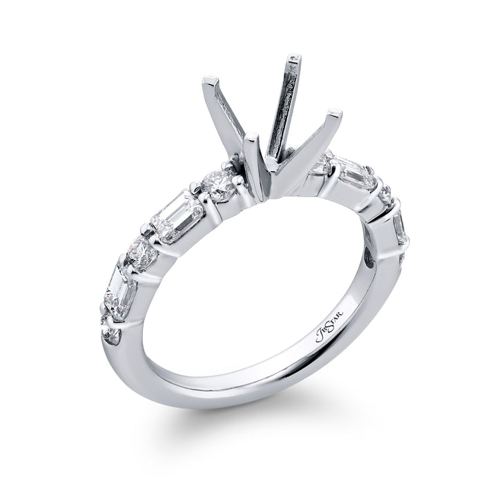 Dazzling Brilliance: Our timeless East-West Diamond Semi-mount. These four beautiful emerald-cut diamonds and six dazzling round diamonds are handcrafted in pure platinum.