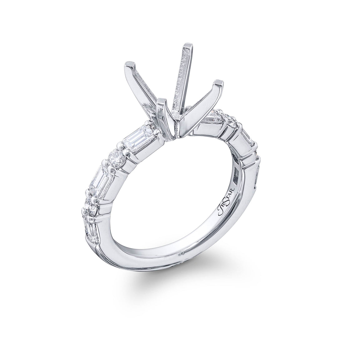 Gorgeous diamond semi-mount featuring 6 emerald-cut diamonds with 4 round diamonds in a shared prong setting. Handcrafted in pure platinum.