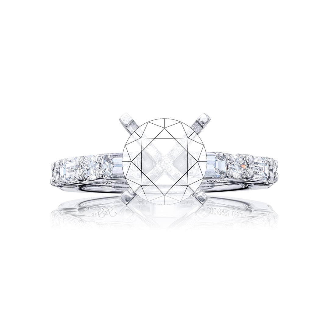 Gorgeous diamond semi-mount featuring 6 emerald-cut diamonds with 4 round diamonds in a shared prong setting. Handcrafted in pure platinum.