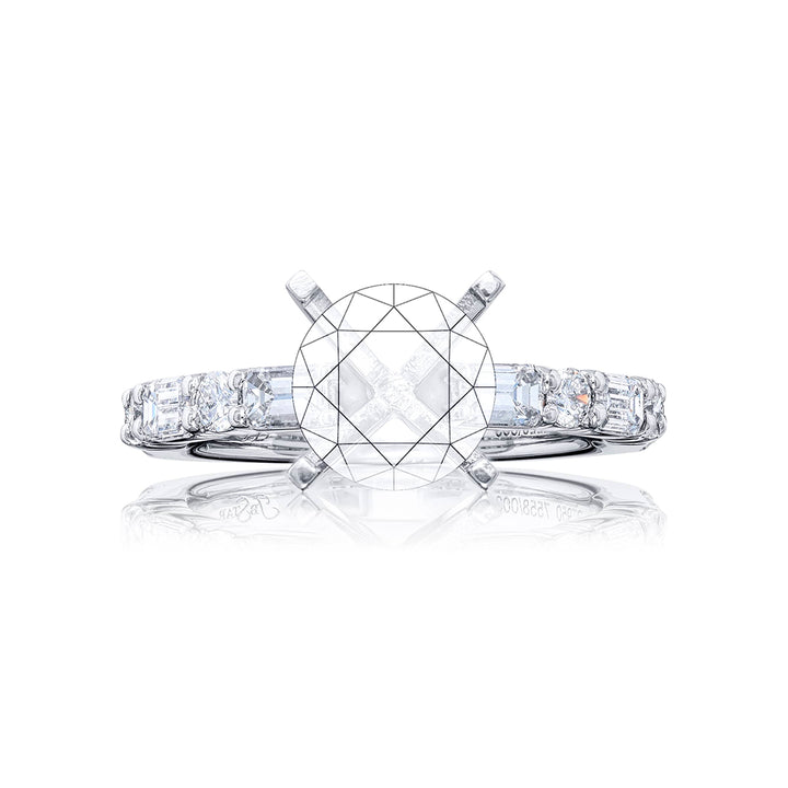 Gorgeous diamond semi-mount featuring 6 emerald-cut diamonds with 4 round diamonds in a shared prong setting. Handcrafted in pure platinum.