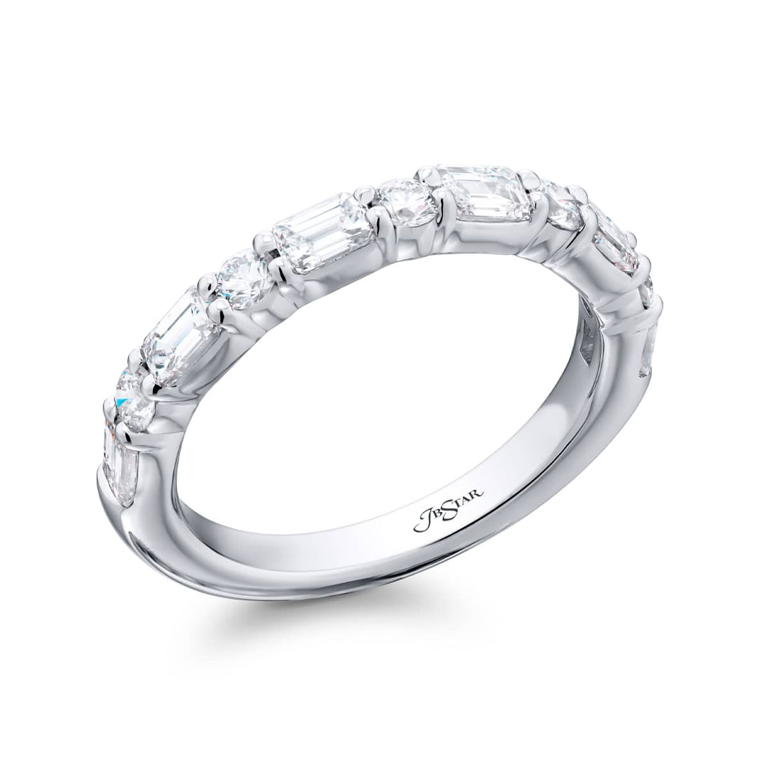 Elegance Elevated: Our classic single-row 1.80 ctw. East-West Diamond Band. These beautiful round diamonds blended with emerald-cut diamonds are handcrafted in pure platinum.