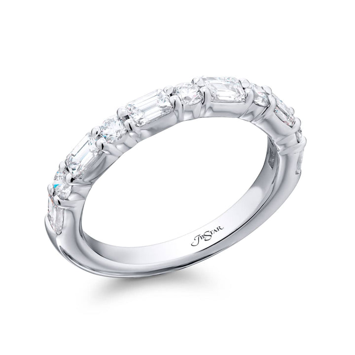 Elegance Elevated: Our classic single-row 1.80 ctw. East-West Diamond Band. These beautiful round diamonds blended with emerald-cut diamonds are handcrafted in pure platinum.