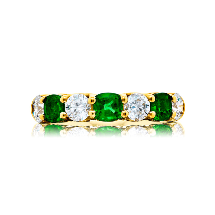 18K Yellow Gold Cushion-Cut Emerald and Round Diamond Single-Row Band