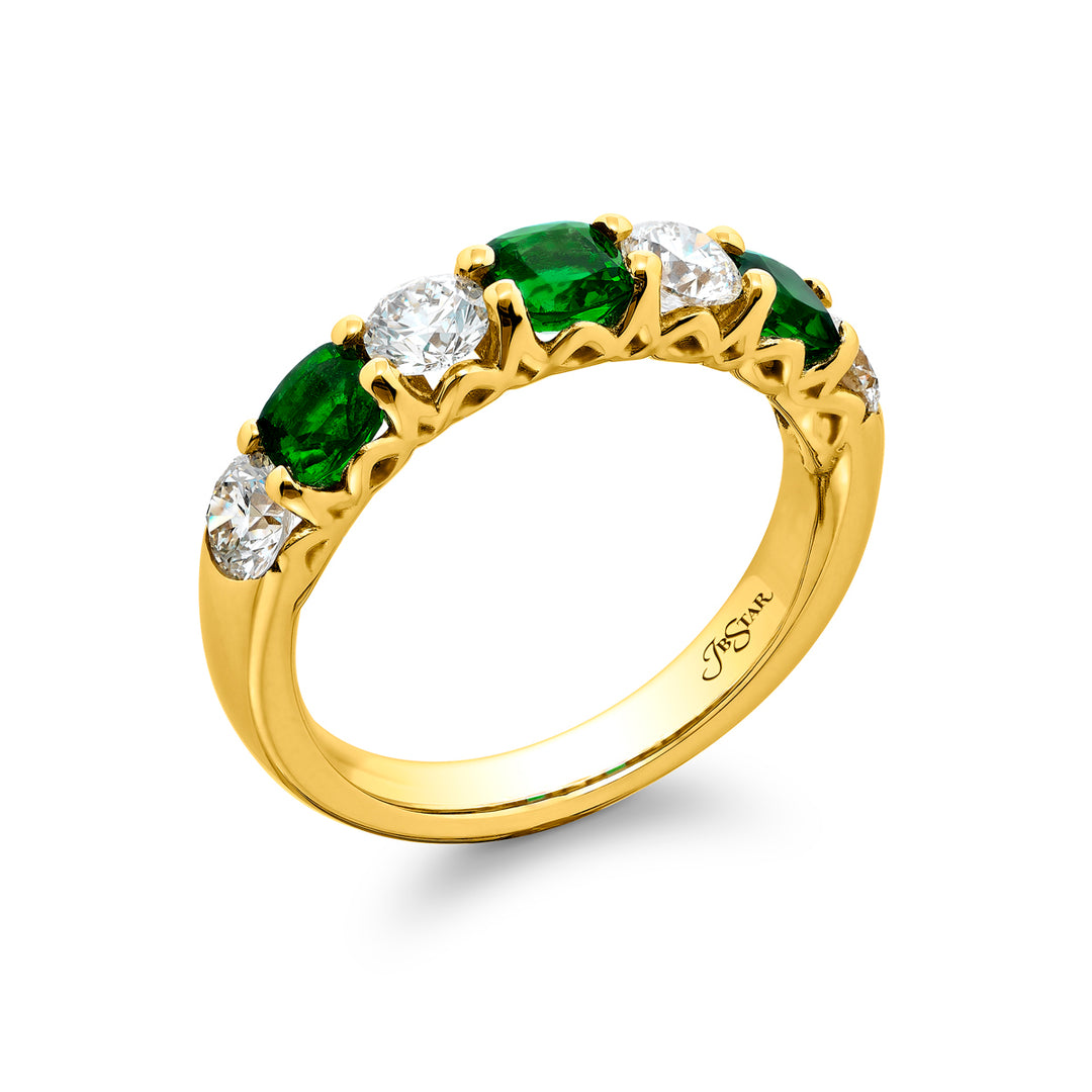 18K Yellow Gold Cushion-Cut Emerald and Round Diamond Single-Row Band