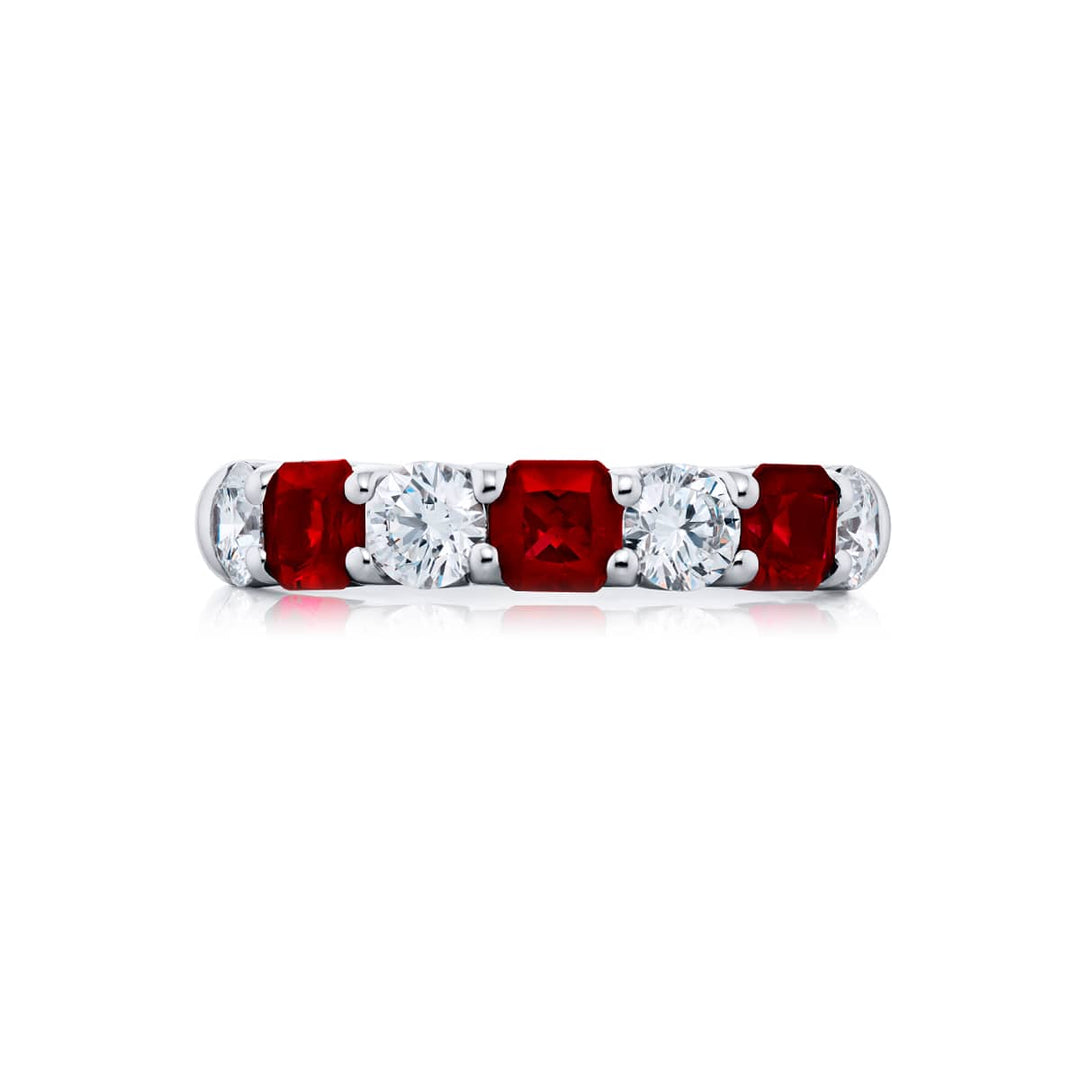 Platinum Radiant-Cut Ruby and Diamond Band