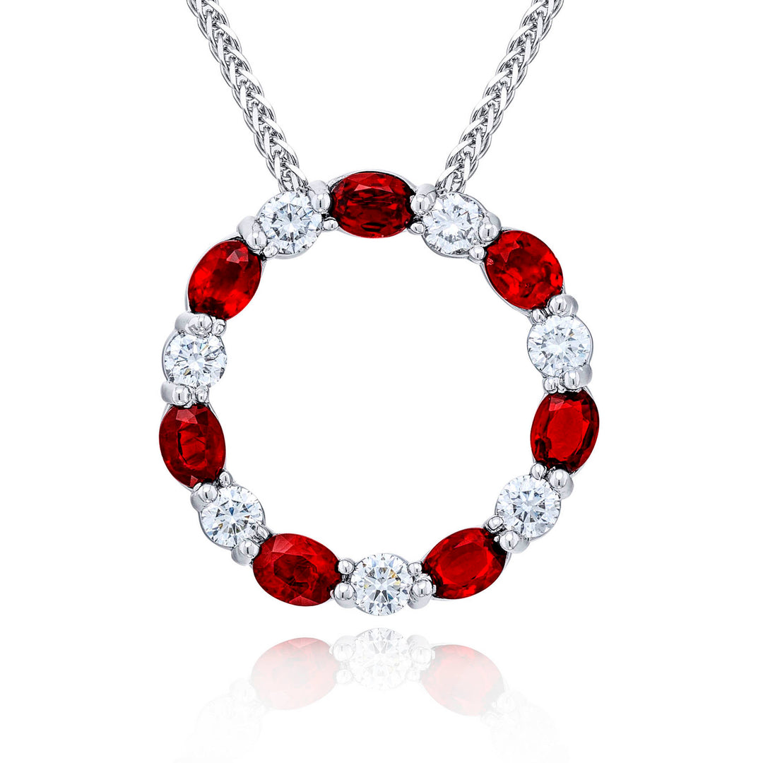 Platinum Oval Ruby and Diamond Circle Pendant