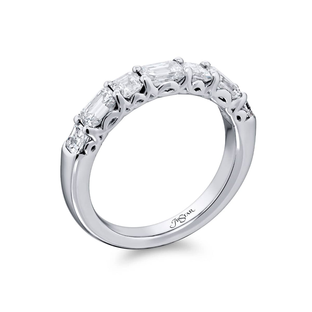 Elegance Elevated: Our classic 1.60 ctw. East-West single row Diamond Band. These beautiful emerald-cut diamonds accompany square emerald-cut diamonds and are handcrafted in pure platinum.