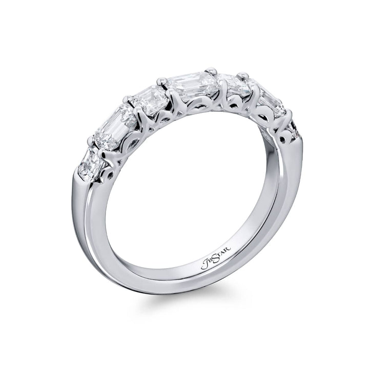 Elegance Elevated: Our classic 1.60 ctw. East-West single row Diamond Band. These beautiful emerald-cut diamonds accompany square emerald-cut diamonds and are handcrafted in pure platinum.