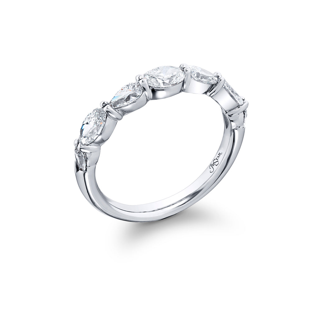 Elegance Elevated: Our timeless single-row East-West Diamond Band. This beautiful oval diamond blends with square emerald-cut and marquise diamonds and are handcrafted in pure platinum.