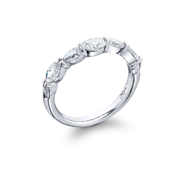 Elegance Elevated: Our timeless single-row East-West Diamond Band. This beautiful oval diamond blends with square emerald-cut and marquise diamonds and are handcrafted in pure platinum.