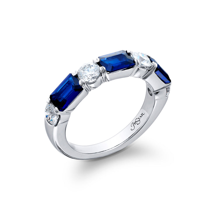 Elegance Elevated: Our signature East-West Sapphire and Diamond Band. These beautiful emerald-cut sapphires blend with round diamonds and are handcrafted in pure platinum.