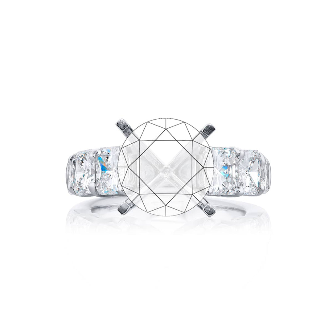 Dazzling Brilliance: Our beautiful Diamond Semi-mount. These six stunning radiant-cut diamonds in a shared prong setting are handcrafted in pure platinum.