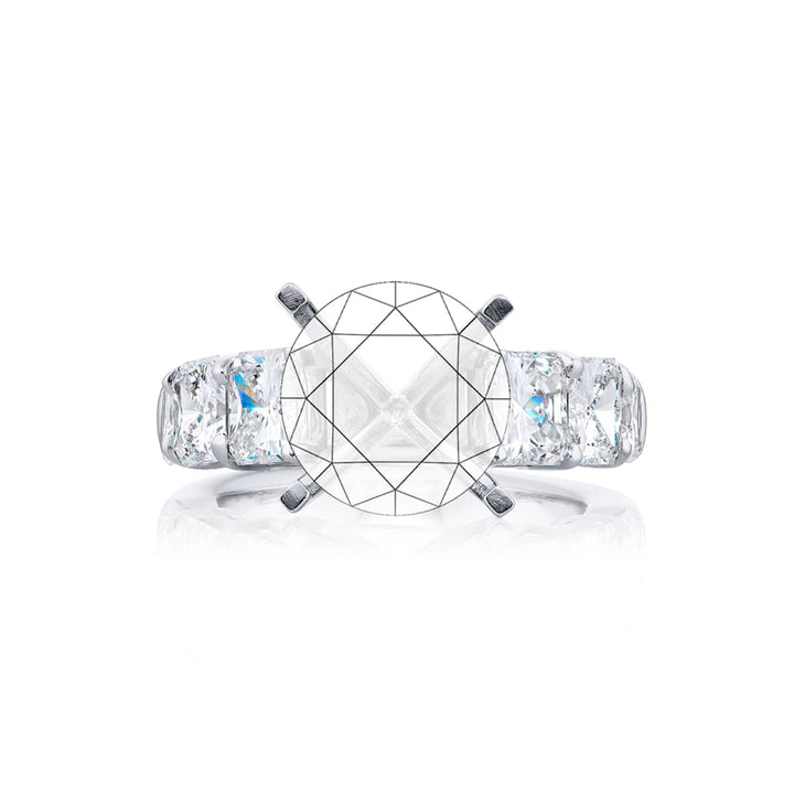Dazzling Brilliance: Our beautiful Diamond Semi-mount. These six stunning radiant-cut diamonds in a shared prong setting are handcrafted in pure platinum.