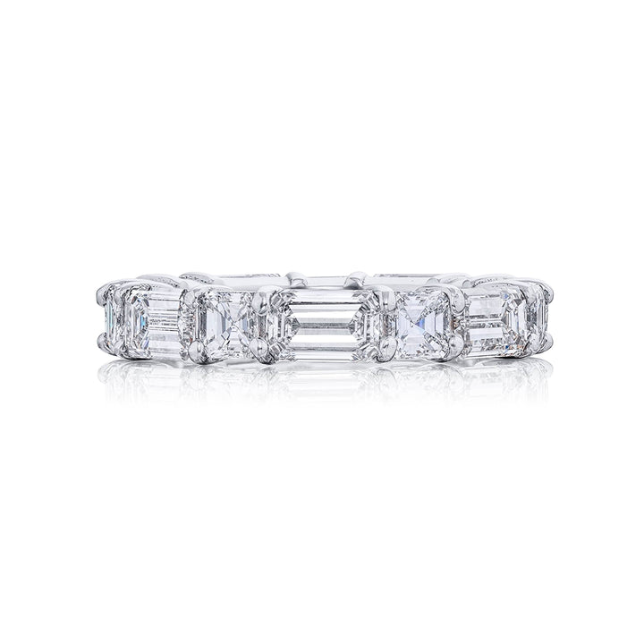 Alluring Eternity: Our stunning single row East-West Diamond Eternity Band. These fourteen square emerald-cut and emerald-cut diamonds are handcrafted in pure platinum.