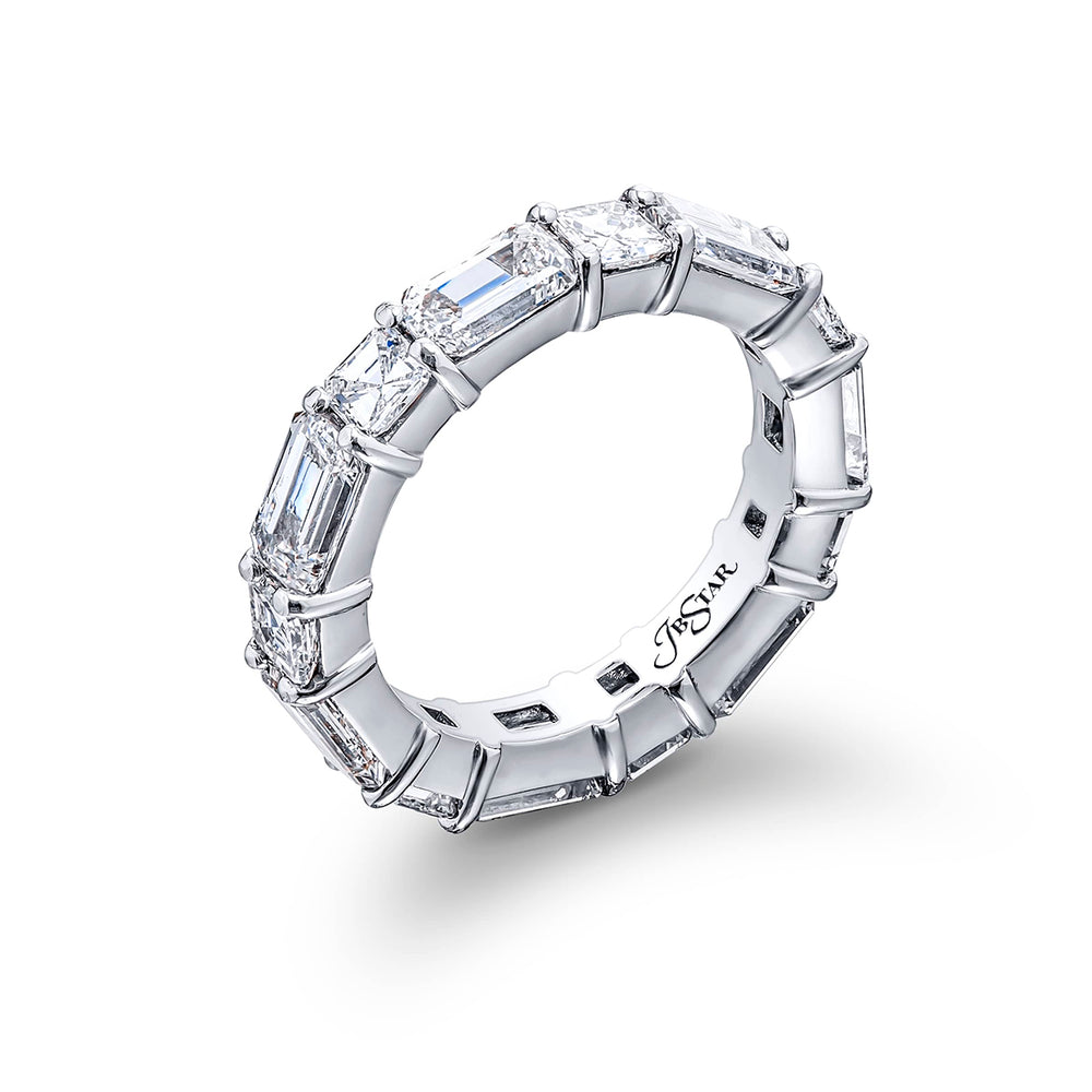 Alluring Eternity: Our stunning single row East-West Diamond Eternity Band. These fourteen square emerald-cut and emerald-cut diamonds are handcrafted in pure platinum.
