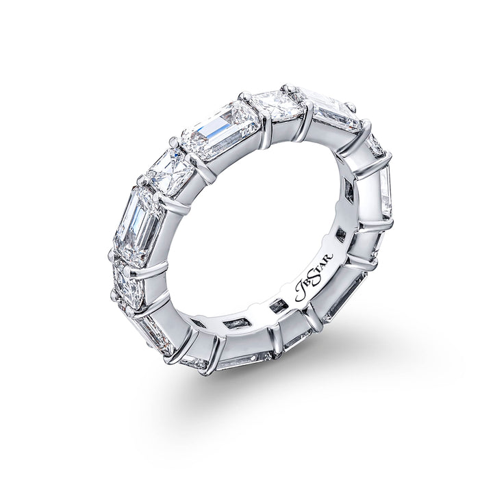 Alluring Eternity: Our stunning single row East-West Diamond Eternity Band. These fourteen square emerald-cut and emerald-cut diamonds are handcrafted in pure platinum.