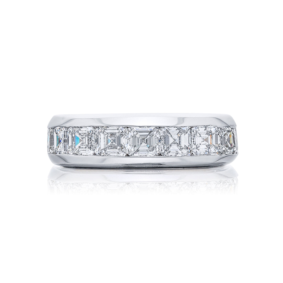 Suave Sophistication: Our debonair Channel Set Diamond Gentleman?s Band. These eleven gorgeous square emerald-cut diamonds are handcrafted in pure platinum.