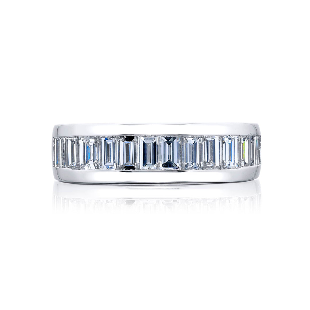 Suave Sophistication: Our debonair Channel Set Diamond Gentleman?s Band. These eleven gorgeous straight baguette diamonds are handcrafted in pure platinum.
