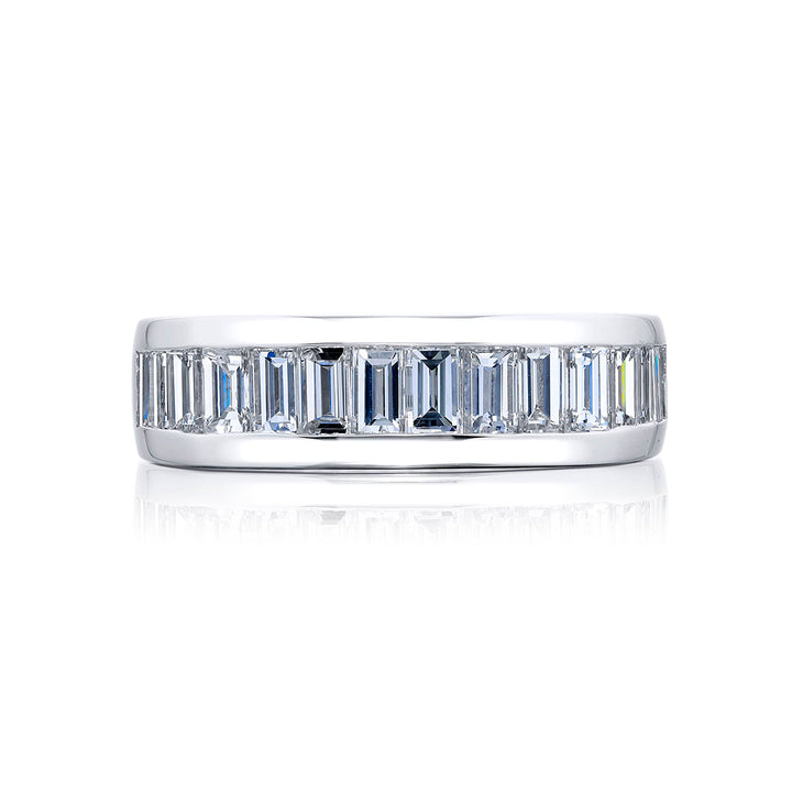 Suave Sophistication: Our debonair Channel Set Diamond Gentleman?s Band. These eleven gorgeous straight baguette diamonds are handcrafted in pure platinum.