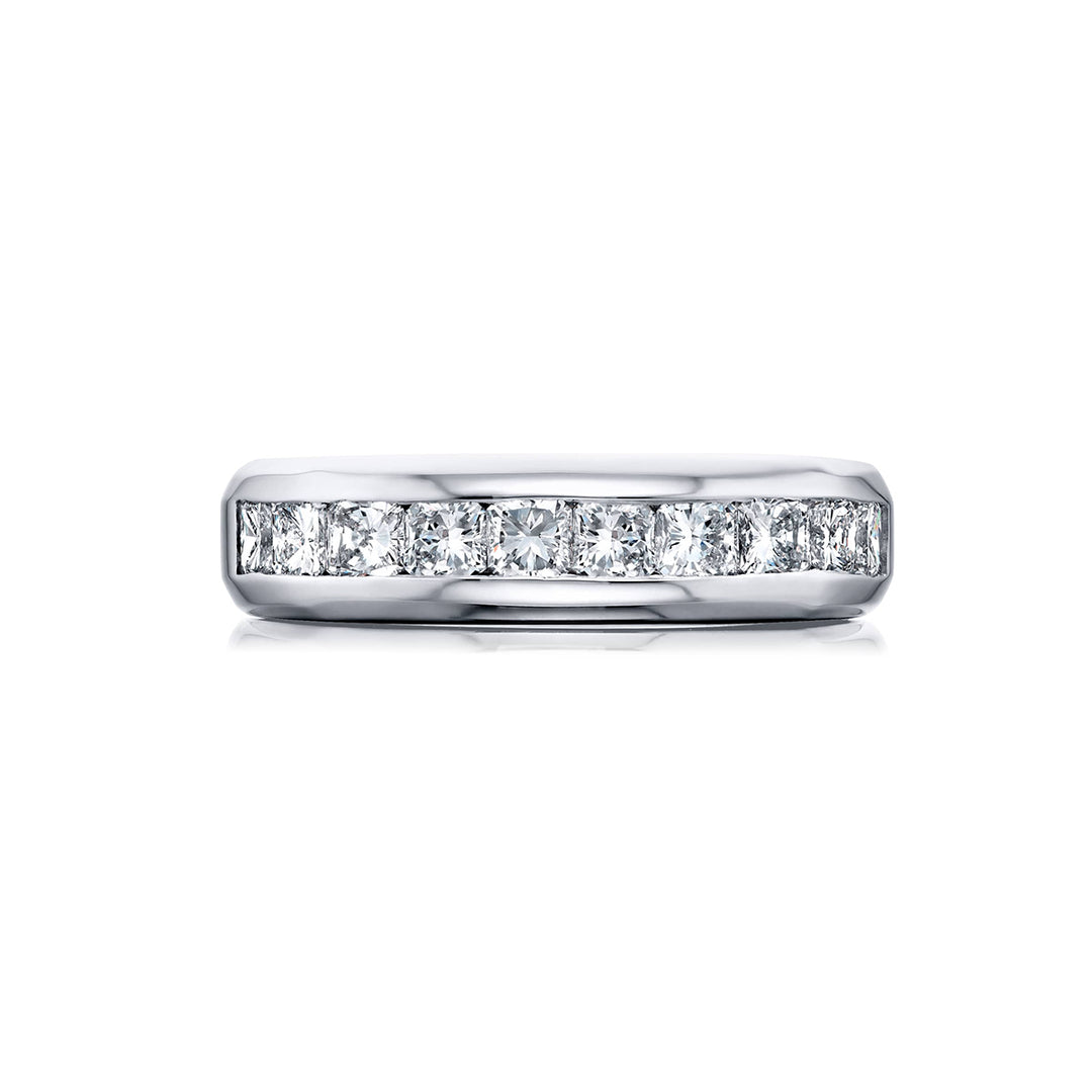 Suave Sophistication: Our dapper Channel Set Diamond Gentleman?s Band. These ten beautiful radiant-cut diamonds are handcrafted in pure platinum.
