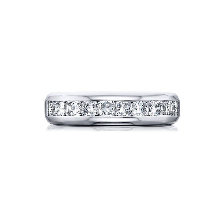Suave Sophistication: Our dapper Channel Set Diamond Gentleman?s Band. These ten beautiful radiant-cut diamonds are handcrafted in pure platinum.