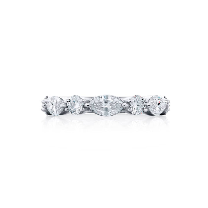 Elegance Elevated: Our classic 1.70 ctw. East-West single row Diamond Band. These beautiful marquise diamonds accompany round diamonds and are handcrafted in pure platinum.