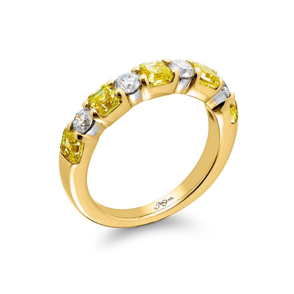 Elegance Elevated: Our classic single row East-West Fancy Yellow & White Diamond Band. These stunning square emerald-cut fancy yellow diamonds accompany round white diamonds and are handcrafted in 18KY gold.