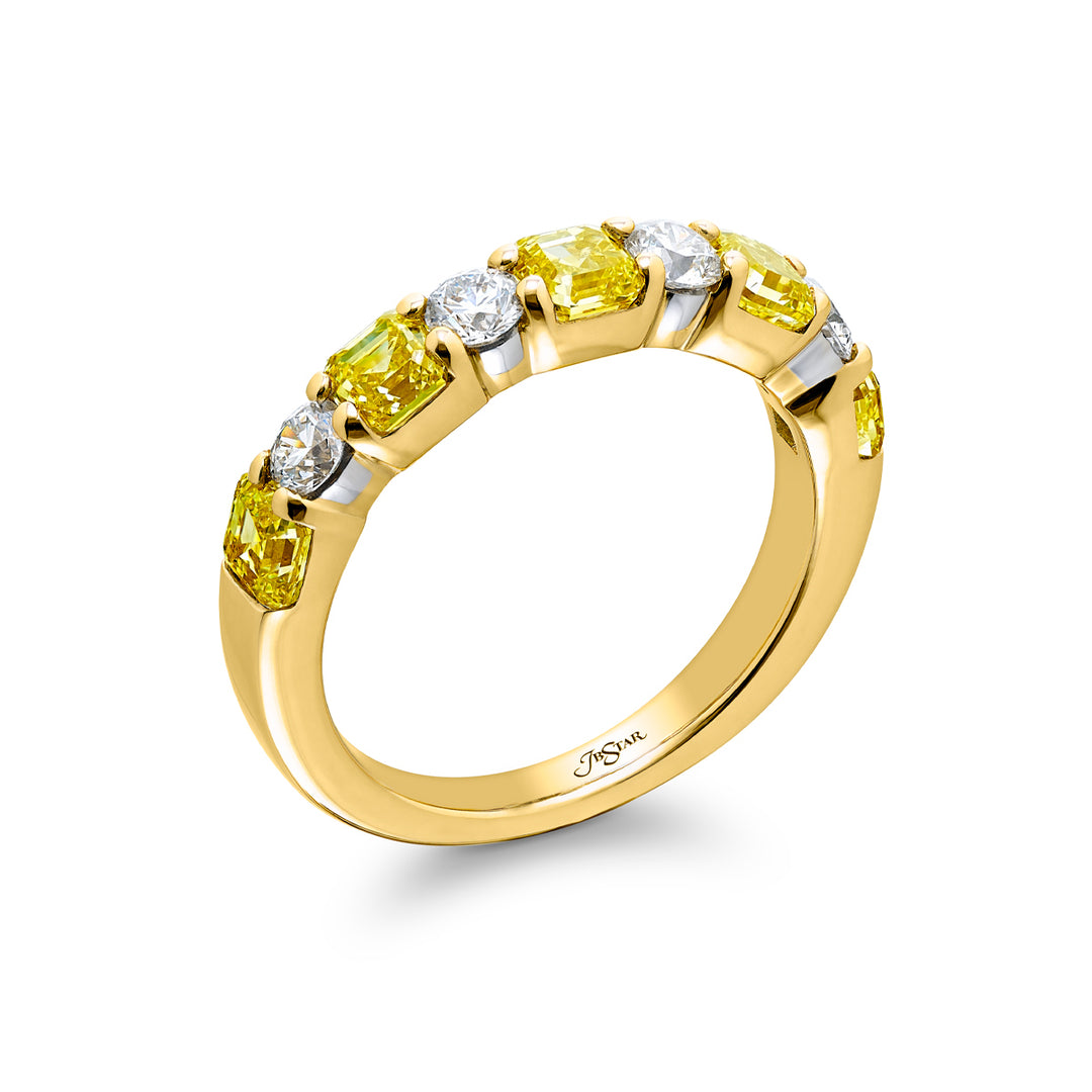Elegance Elevated: Our classic single row East-West Fancy Yellow & White Diamond Band. These stunning square emerald-cut fancy yellow diamonds accompany round white diamonds and are handcrafted in 18KY gold.