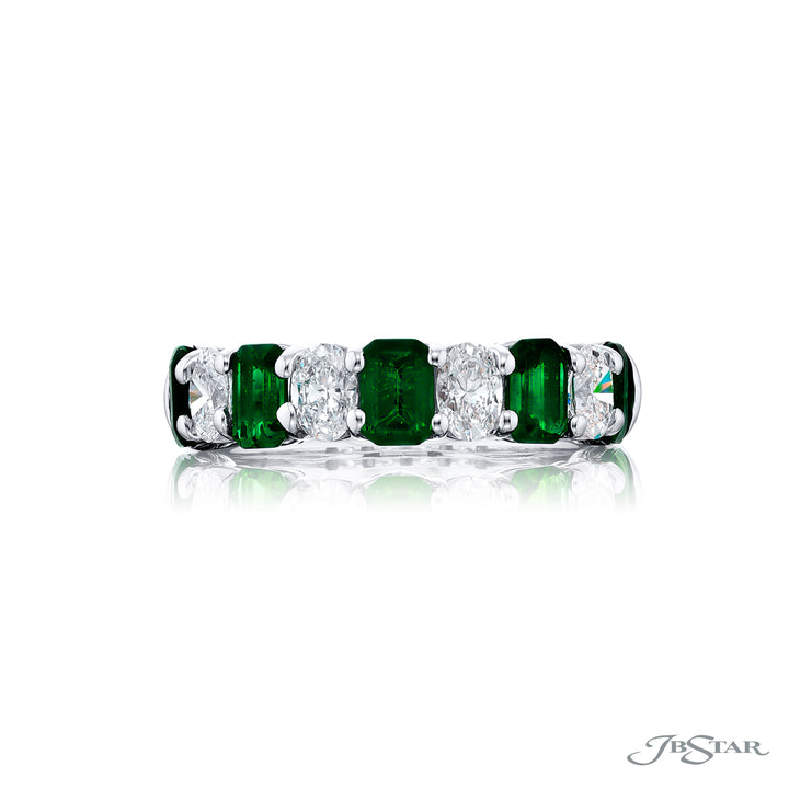Platinum Emerald-Cut Emerald and Oval Diamond Single-Row Band