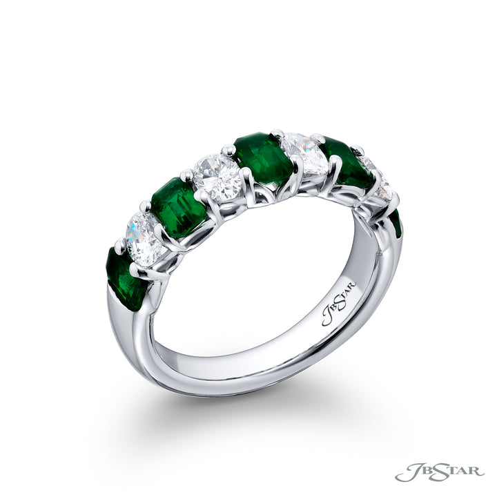 Platinum Emerald-Cut Emerald and Oval Diamond Single-Row Band