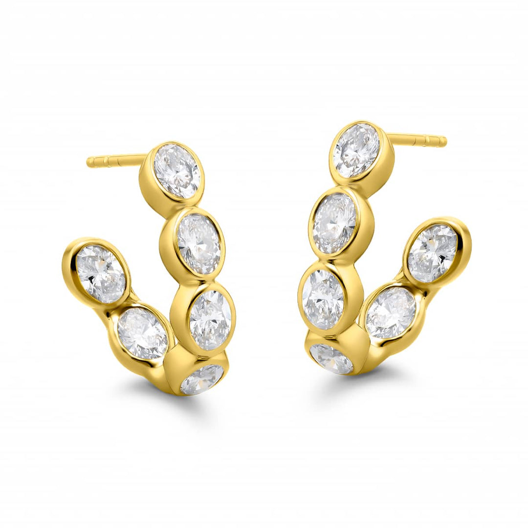 18K Yellow Gold Oval Diamond Bezel Set Hoop Earrings