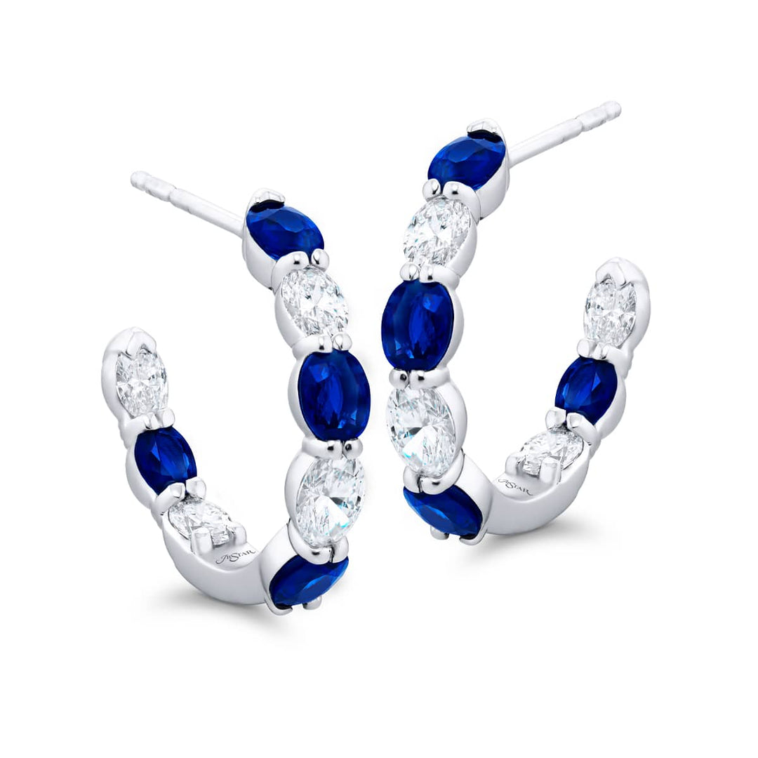 Platinum Oval Sapphire and Diamond Hoop Earrings