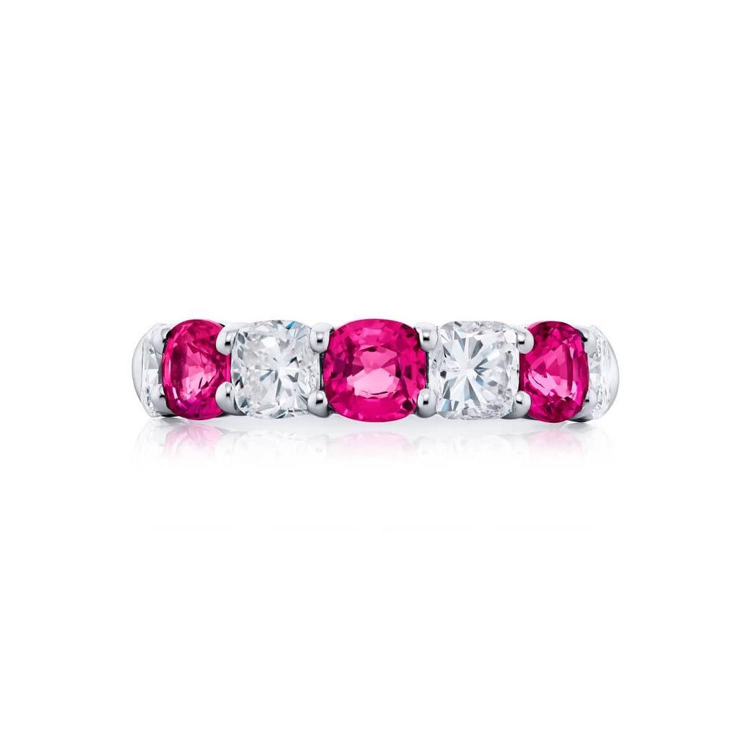 Platinum Cushion-Cut Pink Sapphire and Diamond Band