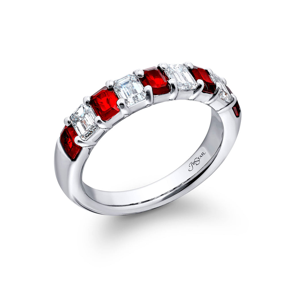 Elegance Elevated: Our classic Ruby and Diamond Band. These beautiful emerald-cut rubies and diamonds are handcrafted in pure platinum.