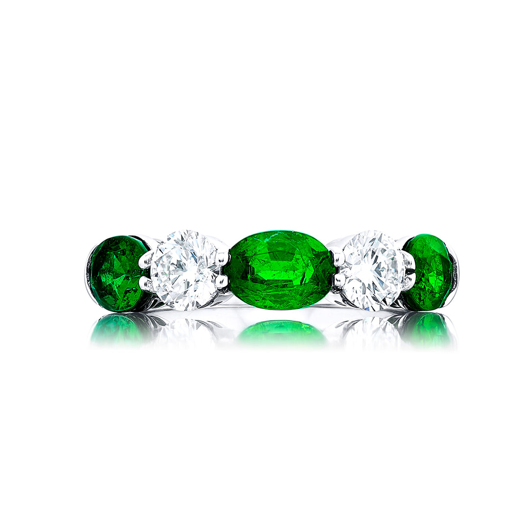 Platinum Oval Emerald and Round Diamond Single-Row Band