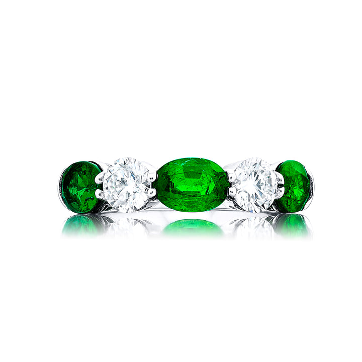 Platinum Oval Emerald and Round Diamond Single-Row Band