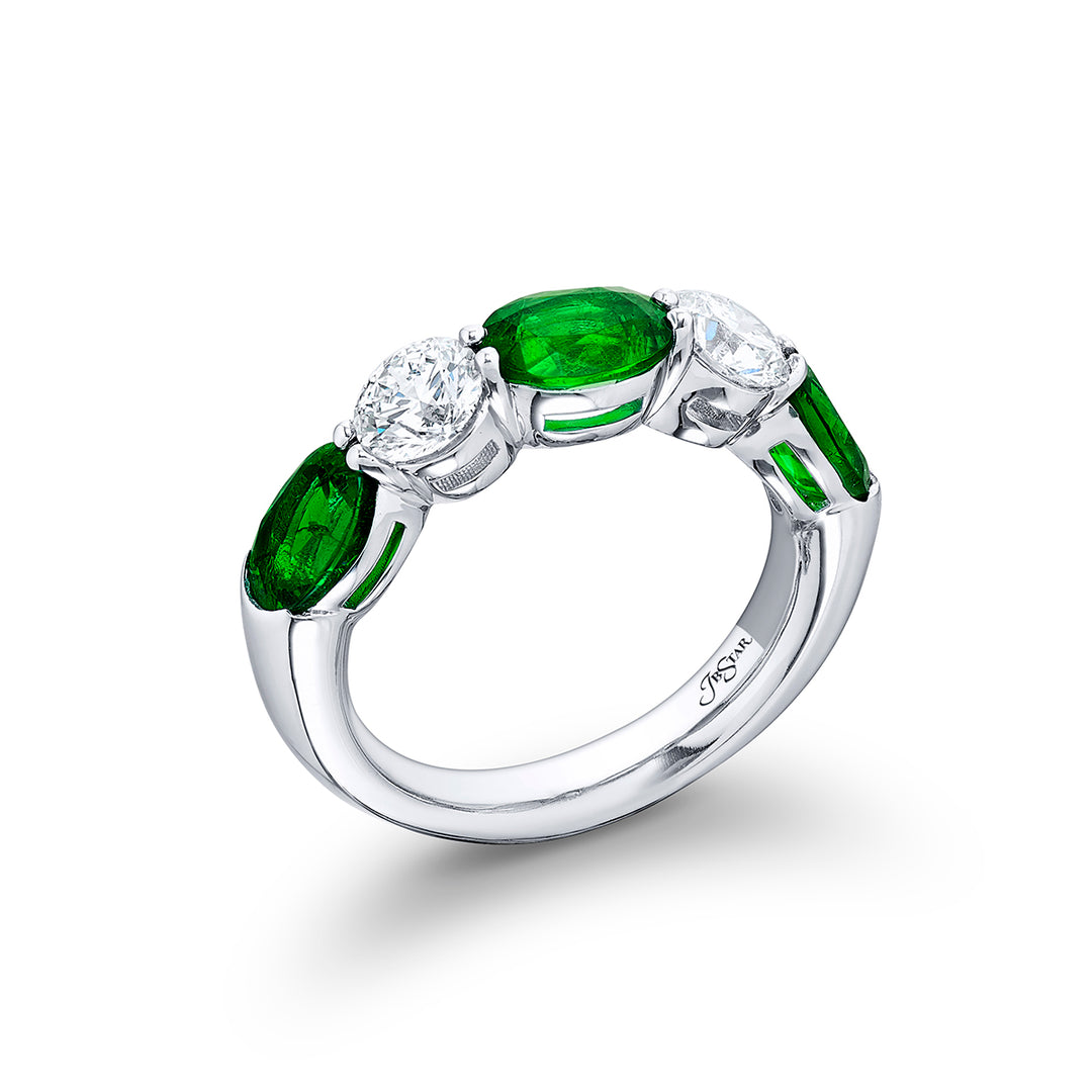 Platinum Oval Emerald and Round Diamond Single-Row Band
