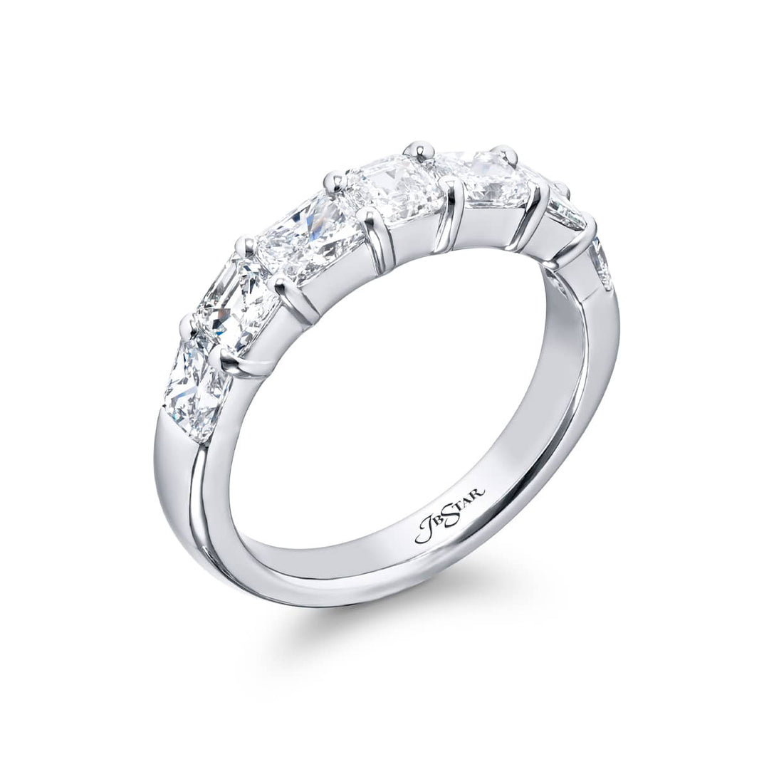 Elegance Elevated: Our classic single row Diamond Band. These stunning square emerald-cut and radiant diamonds are handcrafted in pure platinum.