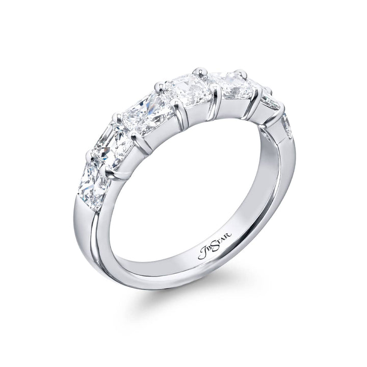 Elegance Elevated: Our classic single row Diamond Band. These stunning square emerald-cut and radiant diamonds are handcrafted in pure platinum.