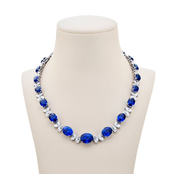 Platinum Oval Sapphire and Diamond Certified Floral Necklace