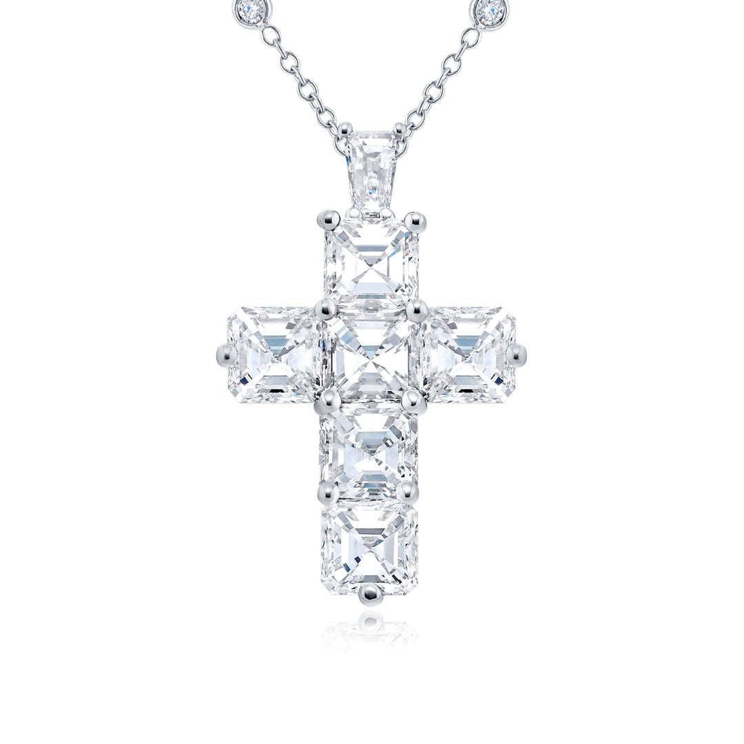 Platinum Square Emerald-Cut Diamond Cross Pendant