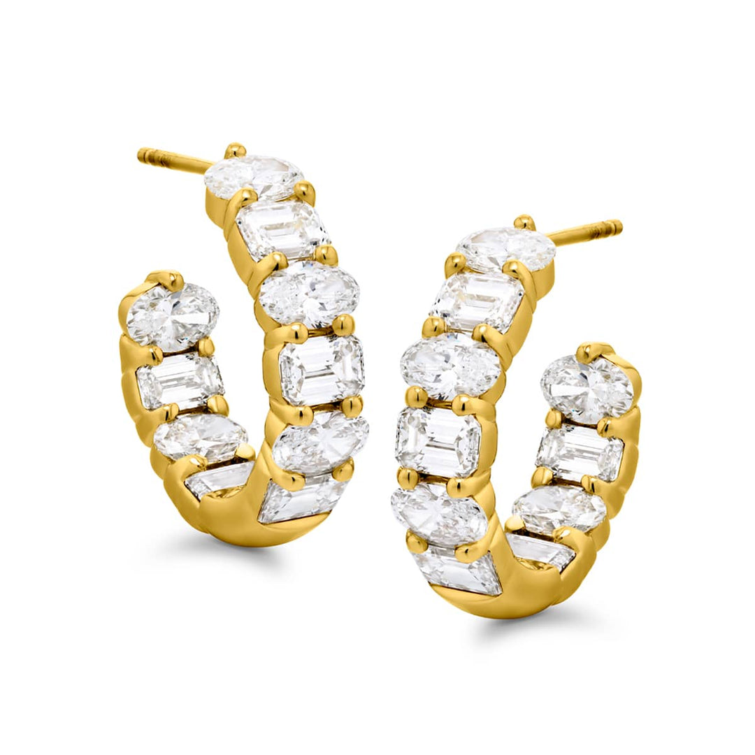 18K Yellow Gold Oval and Emerald-Cut Diamond Hoop Earrings