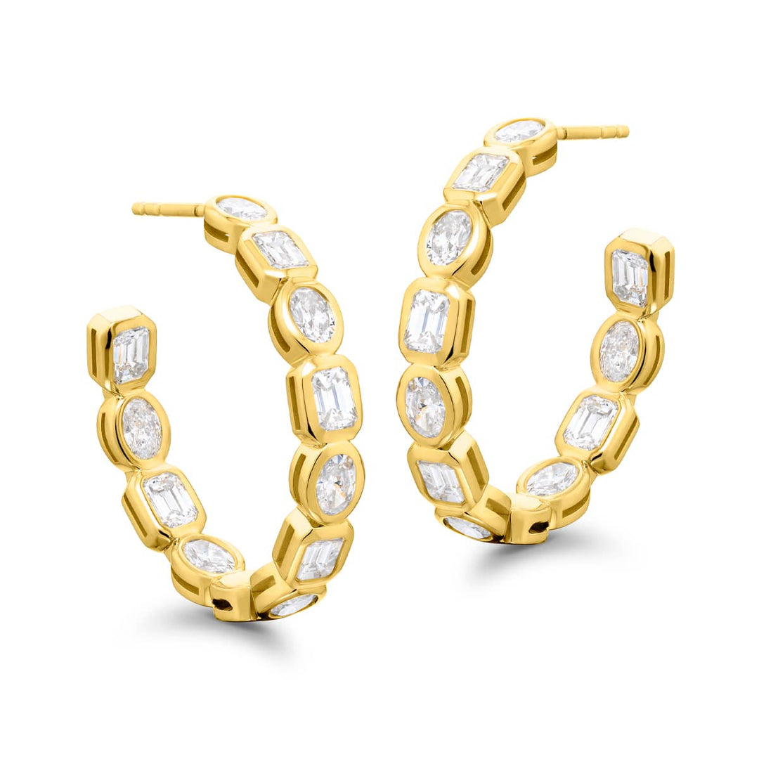 18K Yellow Gold Oval and Emerald-Cut Diamond Bezel Hoop Earrings