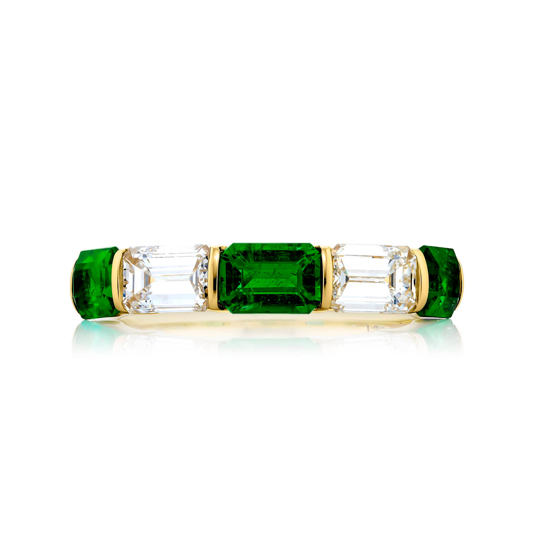 18KY Yellow Gold Emerald-Cut Emerald and Diamond Bar Set Band