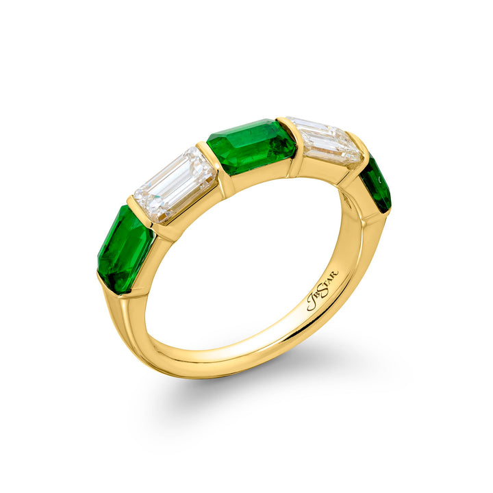18KY Yellow Gold Emerald-Cut Emerald and Diamond Bar Set Band