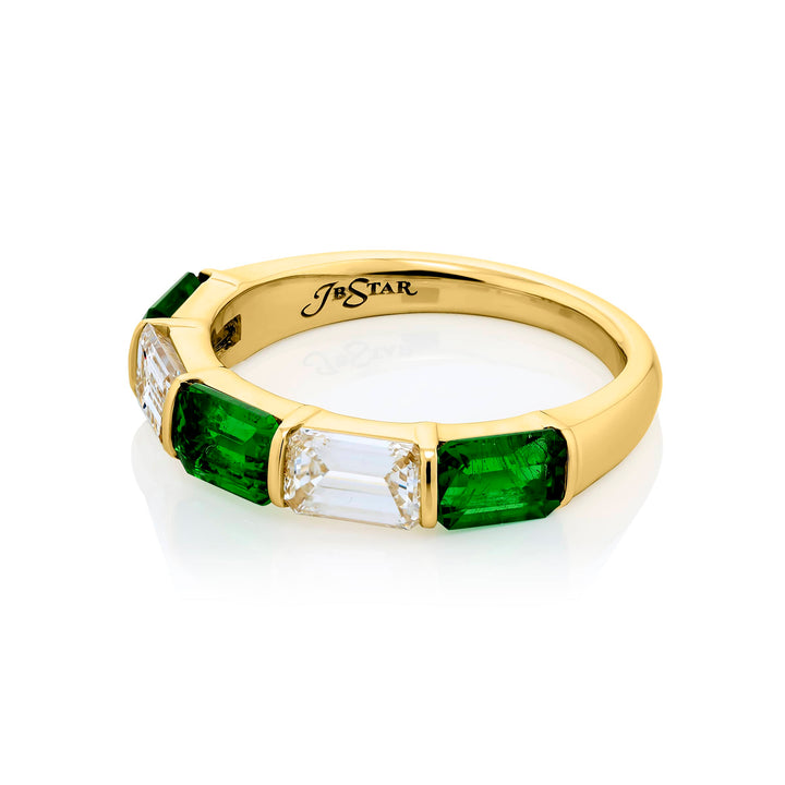 18KY Yellow Gold Emerald-Cut Emerald and Diamond Bar Set Band