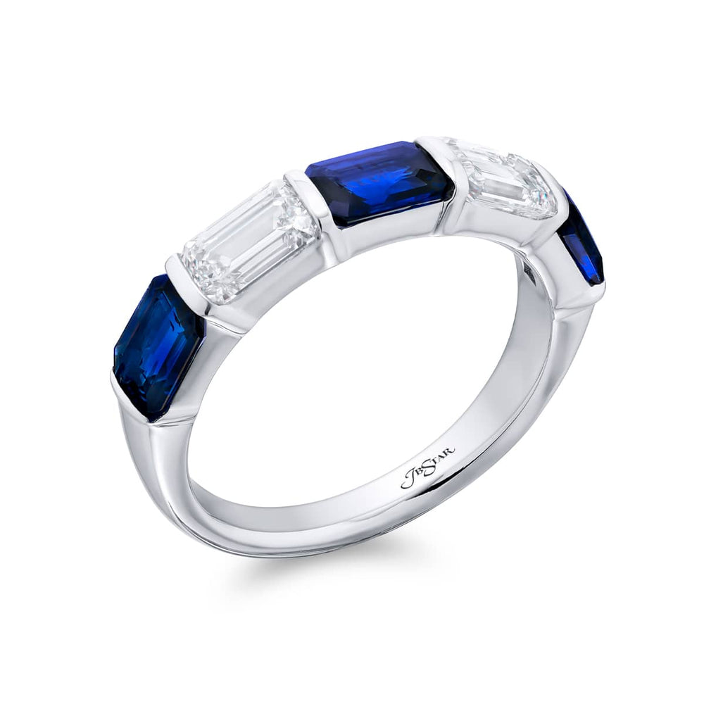 Platinum Emerald-Cut Sapphire Bar Set East-West Band