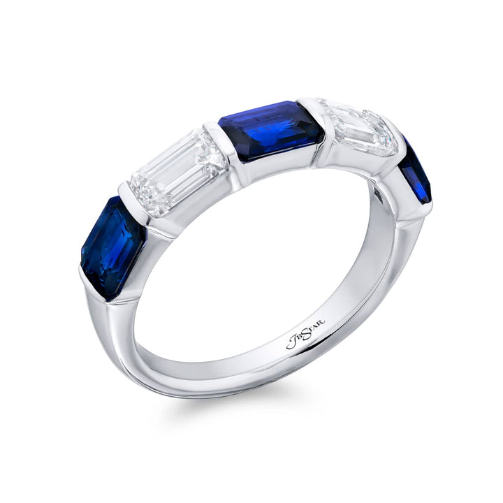Platinum Emerald-Cut Sapphire Bar Set East-West Band